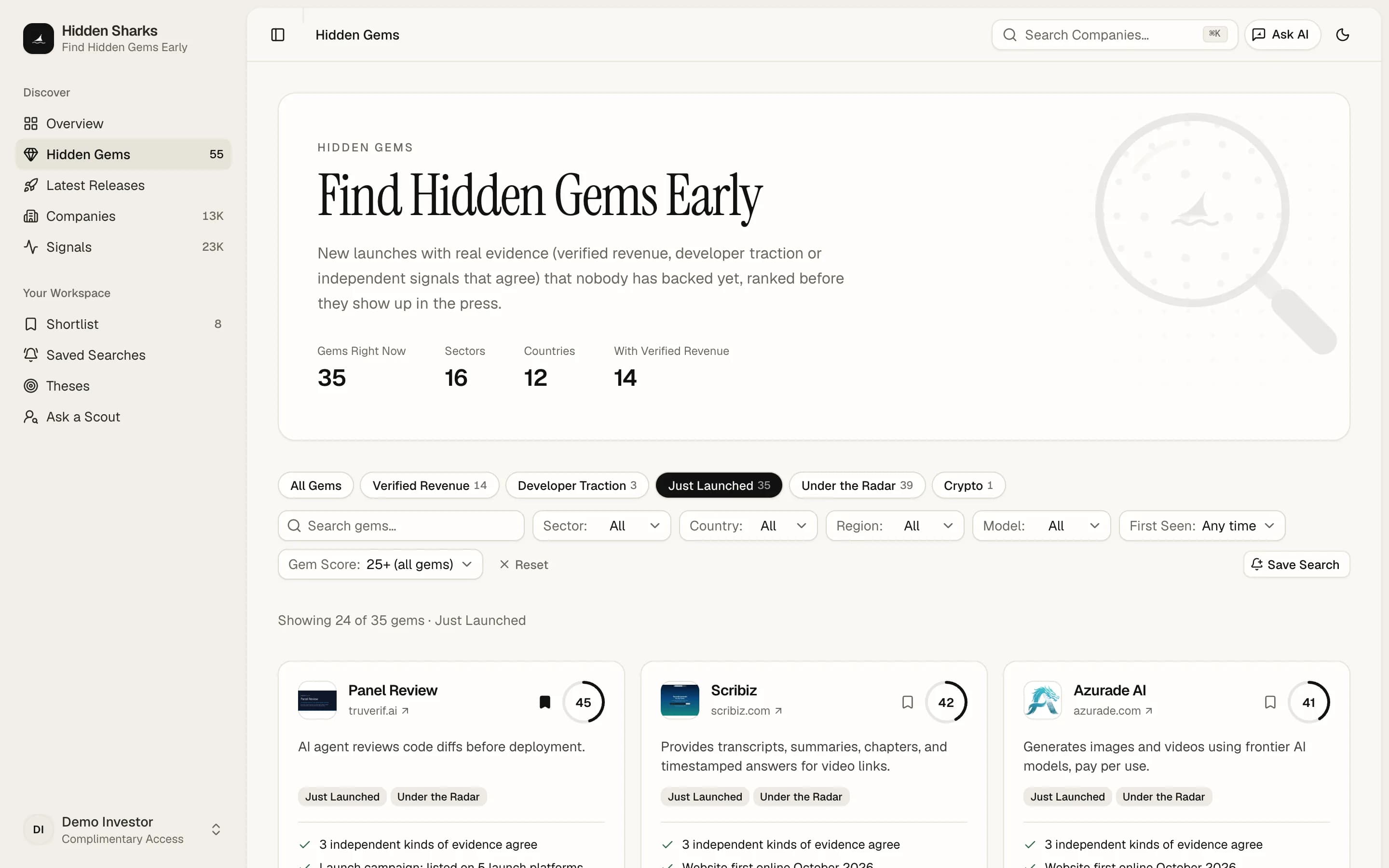 AlphaScout hidden gems view: new launches nobody has backed yet, ranked with the evidence behind each